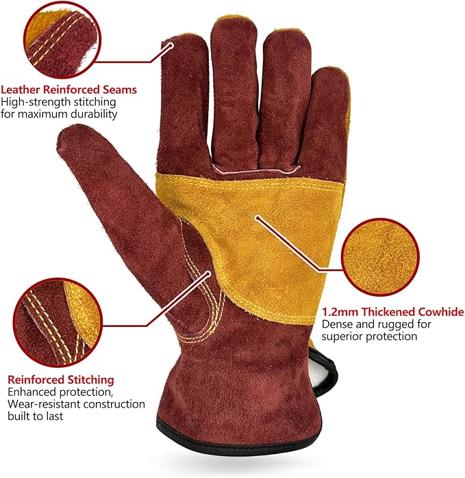 Leather Work Gloves for Men, Heavy-Duty Welding Gloves XL for MIG TIG Welding, Gardening, Construction, Farm, Wood Chopping Cowhide with Cotton Liner Safety Thorn Proof Gloves Hand Protection