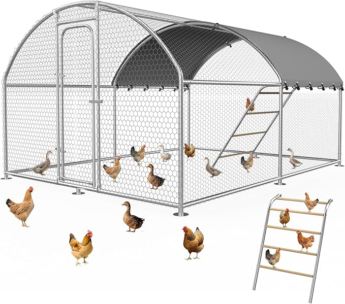 Chicken Coop with Roosting Perch, Large Metal Chicken Run Poultry Cage with Water-Resident and Anti-UV Cover for Duck Rabbit House Walk-in Chicken Pen for Yard, Dome Roof(10’ W x 13.2’ L x 6.4’ H)
