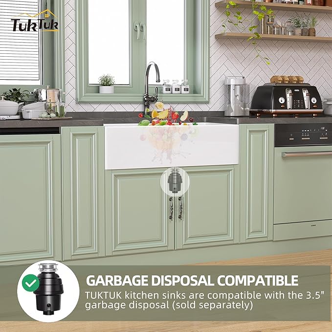 TUKTUK White Farmhouse Sink 33X20 Fireclay Farm Sink for Kitchen Apron Undermount Kitchen Sink Single Bowl Big Capacity Deep Drop-in Modern Kitchen Sink with Luxury Bottom Grid & Strainer Drain