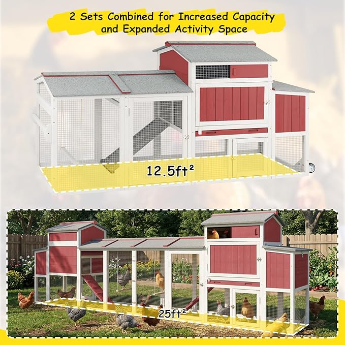 Mobile Wooden Chicken Coop for 2–4 Chickens – Outdoor Hen House with Wheels, Waterproof Asphalt Roof, Nesting Box & Easy Clean Slide-Out Tray (Red, 77.4" L x 23.2" W x 39.2" H)