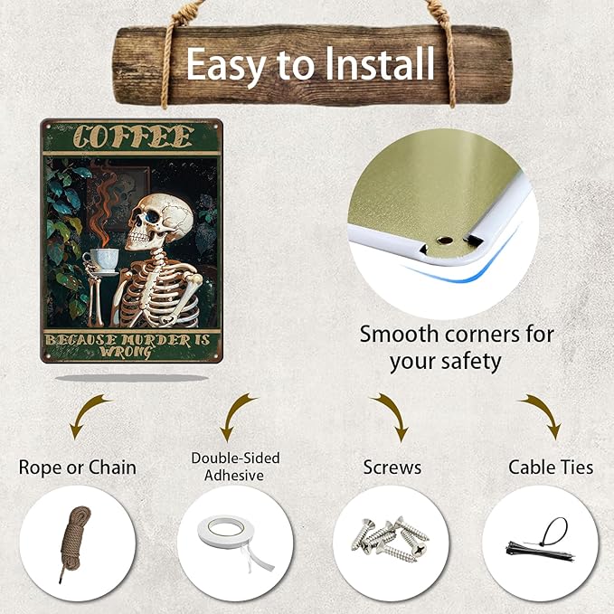 Vintage Coffee Skull Tin Sign Skeleton Old Fashioned Because Murder Is Wrong Metal Tin Sign Poster 12x16 Inch Home Restaurant Coffee Shop Wall Decor