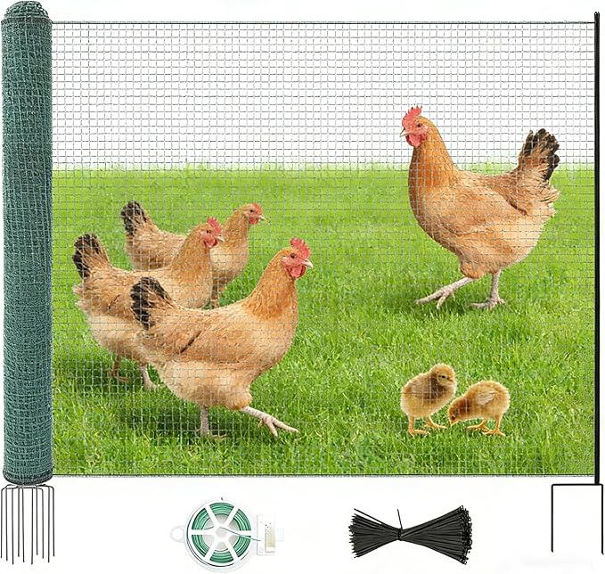 Non Electric Fence Netting 40" x100', Boundary Fence with Double Spiked Posts, Portable Poultry Fence All-Purpose Fencing for Dogs, Chickens, Ducks, Turkeys Suitable in Backyard, Garden, Farm