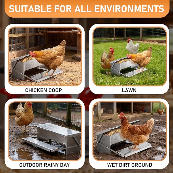 Outvita Automatic Treadle Chicken Feeder, 15 Lbs No Waste No Spill Rodent Proof Metal Chicken Feeder with Weatherproof Lid, Chicken Supplies for Your Chickens Duck Bantams Pheasants Poultry Coop