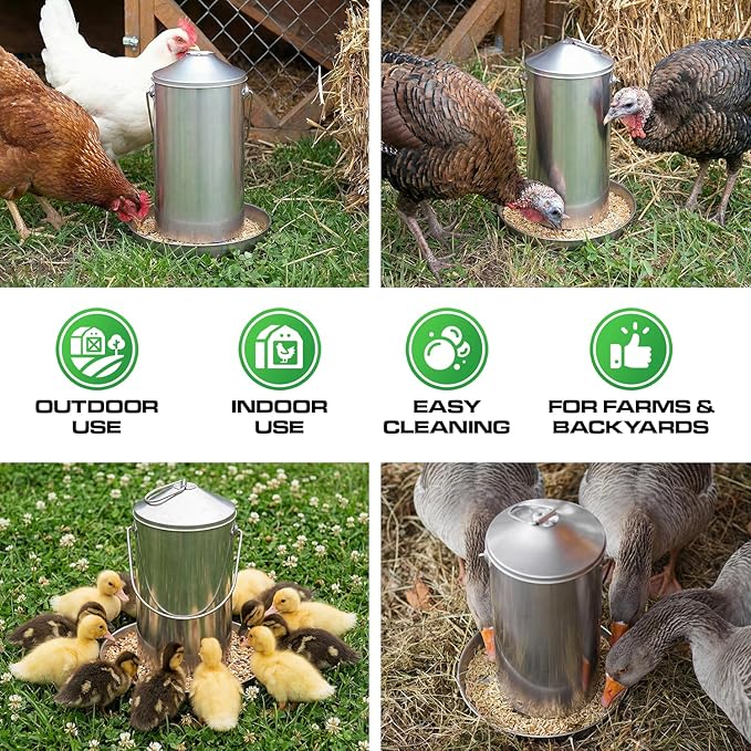 Plexon 8.8 Lb Stainless Steel Hanging Chicken Feeder no Waste Food-Grade - Duck Turkey Poultry Feeder for Chicken Metal - Heavy Duty Reliable Long-Lasting with Handle