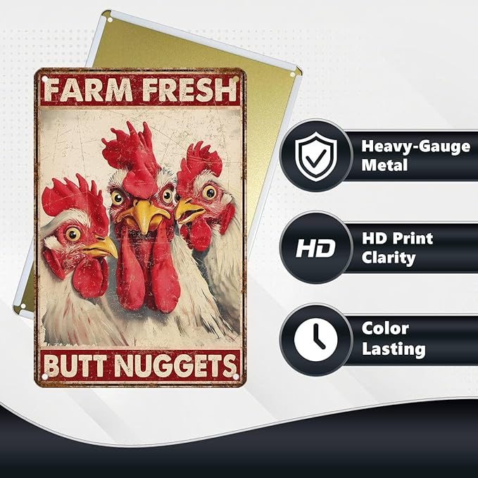 Funny Chicken Metal Signs Coop Decor Farm Fresh Butt Nuggets Tin Signs Vintage Farmhouse Poster Rustic Wall Decor For Home Outdoor Farm Poultry House Yard Cafe Kitchen Garden 12 * 8 In