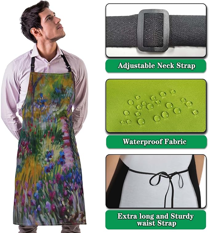 Cook Apron for Men Monet the Iris Garden Vintage Aprons for Women for Kitchen Cooking Restaurant BBQ Painting Crafting Gardening 27” (W) x 31” (H), Waterproof Aprons