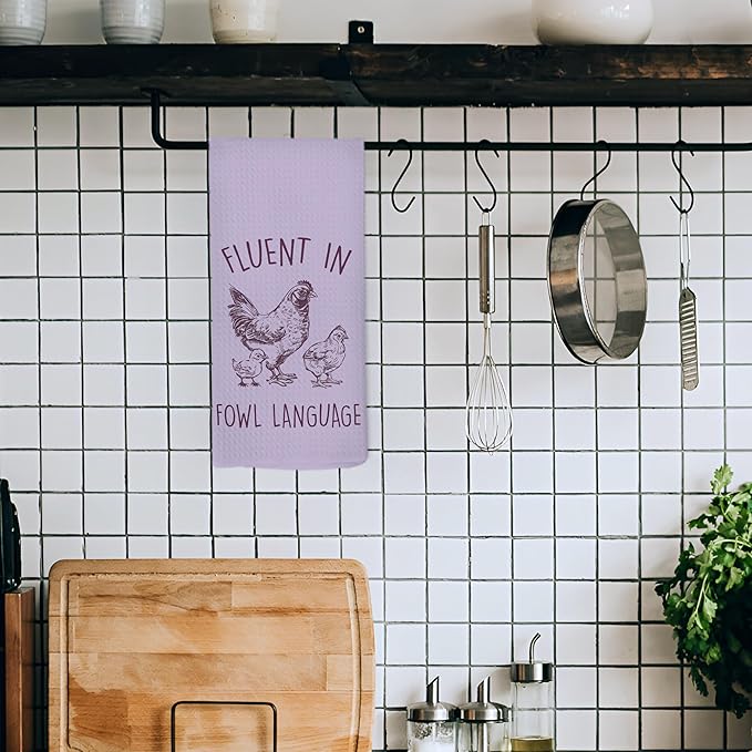 Funny Chicken Kitchen Dish Towels 16x24 Inch, Purple Crazy Chicken Gifts for Chicken Lover Chicken Mom, Fluent in Fowl Language Decorative Hand Towels Tea Towels for Farmhouse Home
