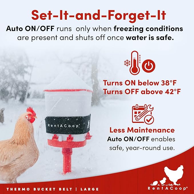 RentACoop Heated Chicken Waterer Belt for Winter, Thermo Bucket Heater Strap LG with Insulated Wrap for 2-5 Gal, 40W Energy Efficient, Safe to -10°F, Auto Thermostat