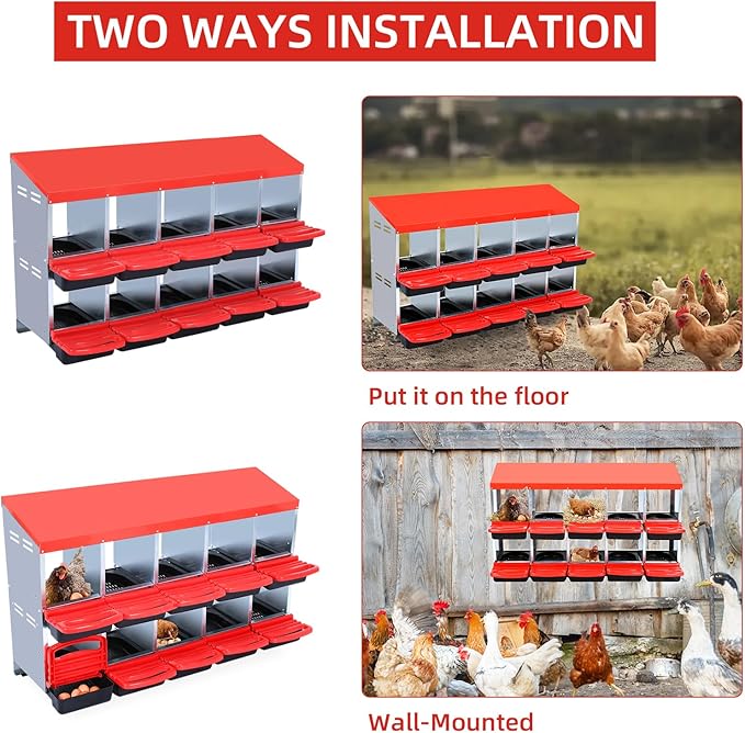 Chicken Nesting Boxes with Cleanable Pull-Out Trays - 10 Hole Metal Rollaway Nest Box for Laying Hens, Wall Mount or Placed Design for Easy Egg Collection & Cleaning