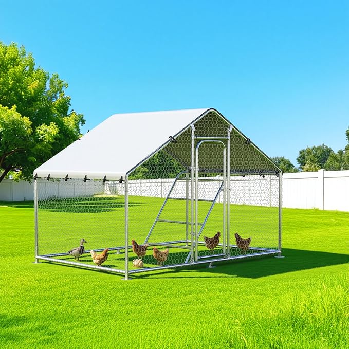 Large Metal Chicken Coop with Roosting Perch, UV-Resistant and Waterproof Cover, Chicken Run Outdoor Walk-in Cage Rabbit Duck Hen House for Yard Farm Use Spire Roof (10’ W x 4.9’ L x 6.4’ H)