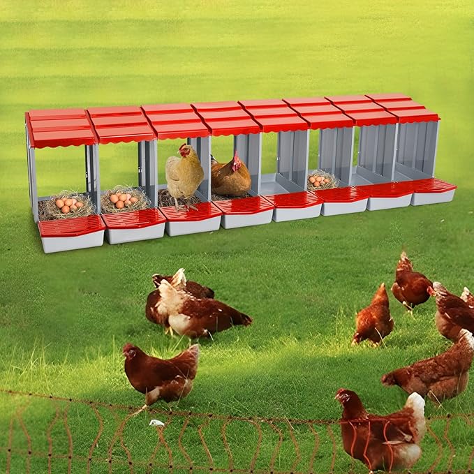 Chicken Nesting Box, 8 Compartments PP Nesting Box, Wall Mountable Nesting Boxes with Inclined Top, Drain Holes & Resting Platform for Chicken and Poultry to Collect Eggs