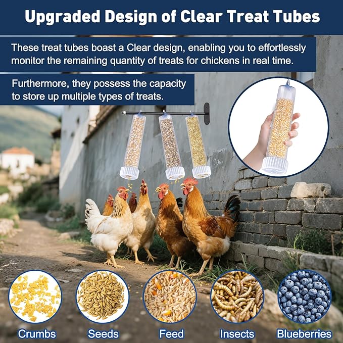 Upgraded Chicken Treat Dispenser, Indoor/Outdoor Wall-Mounted Chicken Treat Feeders, 3 Clear Treat Tubes with Different Types, Easy to Install&Add Food, Fits for Small, Medium&Large Treats