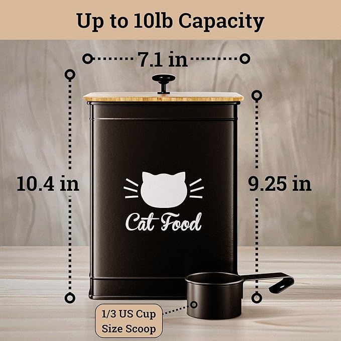 Cat Food Storage Container with Scoop - 5-7 lb (25 Cup) Capacity Metal Cat Food Container with Airtight Bamboo Lid and Metal Scoop - Airtight Pet Food Storage Containers 5 lb - 7 lb Kibble Container