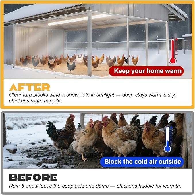 16Mil Chicken Coop Covers for Winter,6x10ft Thicken Clear Winterizing Insulation Vinyl Tarp for Chicken Run,Waterproof Anti-Tear with Elastic Cords & Rope for Porch Patio Poultry Enclosure