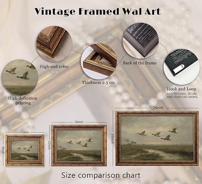 Vintage Gold Framed Flying Duck Wall Art Mallard Duck Canvas Wall Decor Rustic Mallard Poster Artwork Retro Rustic Farmhouse Animal Picture for Home Living Bedroom Farmhouse Hallway 16x24in