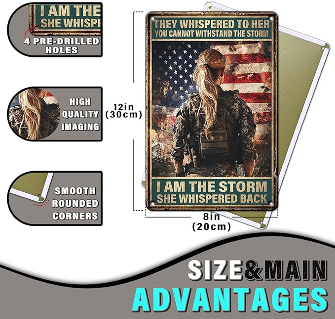 PEACHGARDEN Vintage Female Soldiers Metal Sign Patriotic Veteran Wall Decor I Am the Storm Poster for Soldier Home Living Room Bar Pub Outdoor Decoration 8x12inch