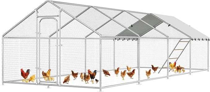 Large Metal Chicken Coop with Roosting Perch, Waterproof and UV Protection Cover, Chicken Run Outdoor Walk-in Cage Chicken Rabbit Duck Hen House for Yard Farm Use Spire Roof (10’ W x 26.2’ L x 6.4’ H)