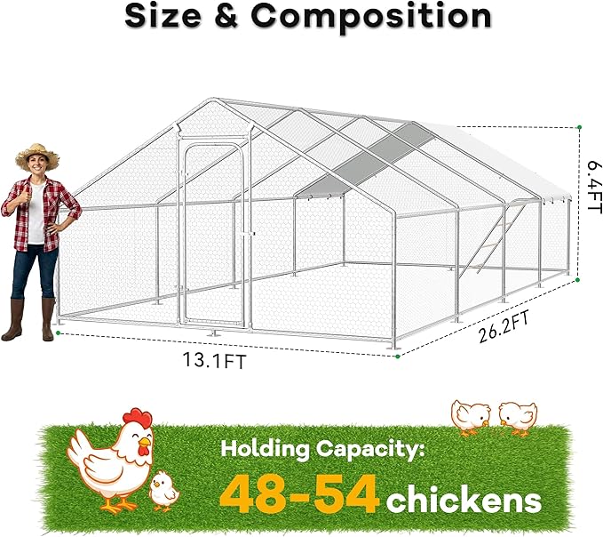 Large Metal Chicken Coop Run with Roosting Perch– Outdoor Waterproof & UV-Resistant Cover for Chickens, Ducks, Rabbits, and Hens in Yard or Farm Use Spire Roof(13.1'Wx26.2'Lx 6.5'H)