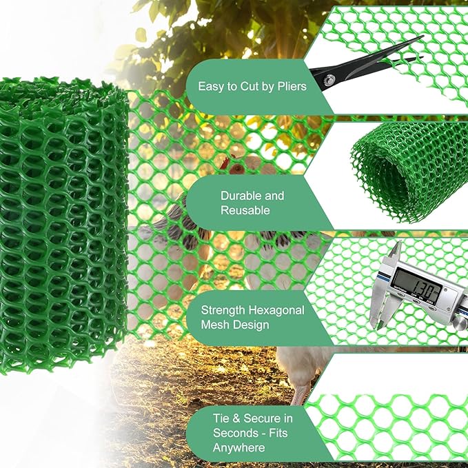 1-Pack Floral Chicken Wire Mesh, 3.9 in x 9.8 ft Plastic Hexagonal Chicken Wire Fencing with 50 Garden Ties for Crafts/Poultry Netting/Garden/Plant Protection [Green]