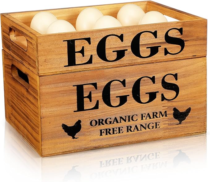 Qinyoung 2 Pcs Farm Wooden Eggs Crate for 12 Fresh Eggs Easter Stackable Wooden Crates for Display Rustic Storage Box with Handle for Easter Supermarket Farm Food Shop Kitchen Supplies
