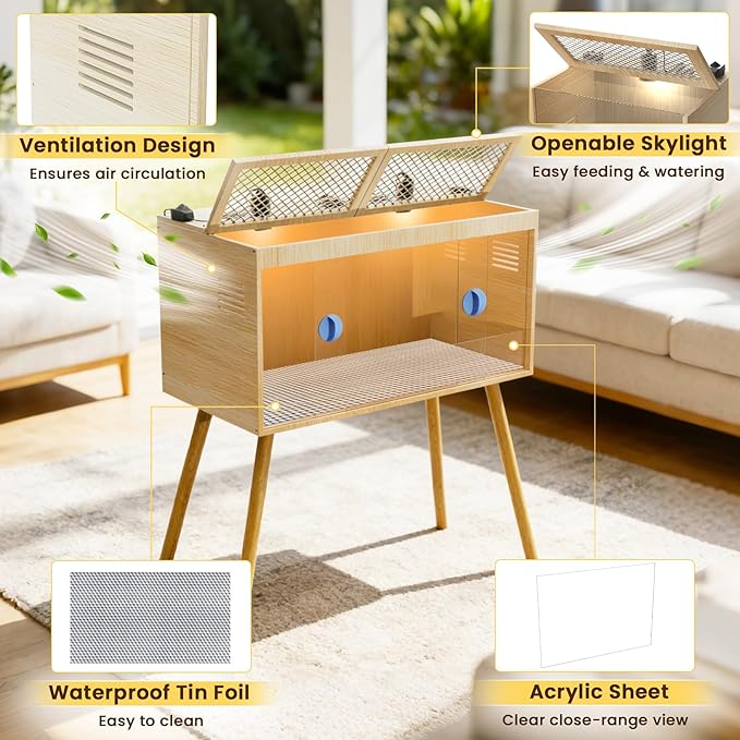 Brooder Box for Chicks, 32 Inch Wooden Large Chicken Brooder Box with 75W Heat Lamps, Thermometer, Chicken Feeder, Waterer Set, Tin Foil, Breeding Kit for 12-15 Chicks Ducks Quail with Legs