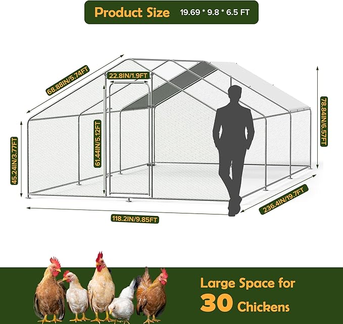 Metal Chicken Coop with Cover for Yard Large Walk-in Chicken Runs for 30 Chickens with Galvanized Steel Frame for Outdoor Heavy Duty Spire Roof Poultry Cage for Hen Duck Rabbits Goose Puppy