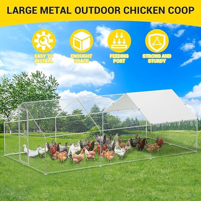 Large Metal Chicken Coop, Walk-in Poultry Cage, Chicken Run Pen House with Waterproof & Anti-Ultraviolet Cover Chicken Coop Run with Double Lockable Doors for Outdoor and Backyard 9.8 x 19.7X 6.6ft