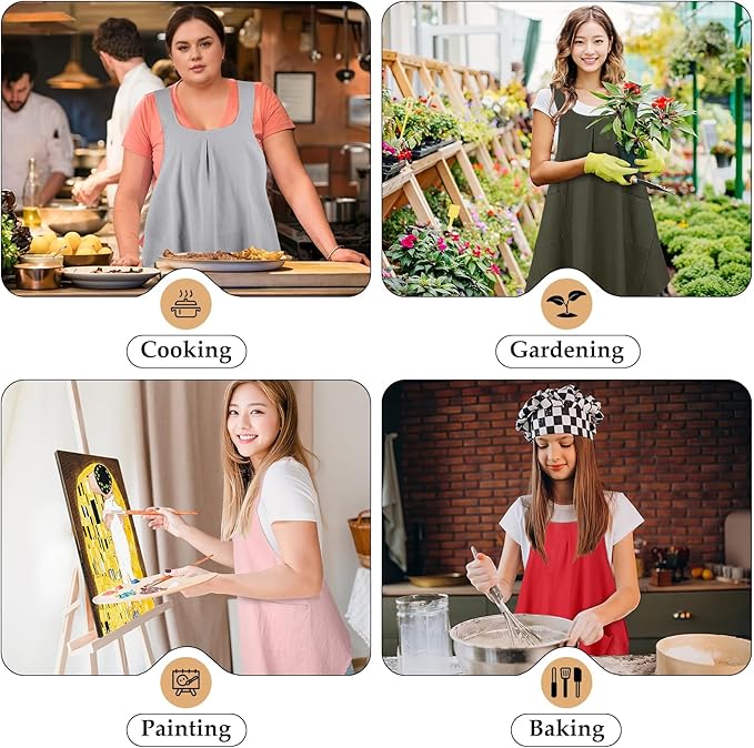 Apron for Women with Pocket Cotton Linen, Japanese Cross Back Apron for Gardening Painting