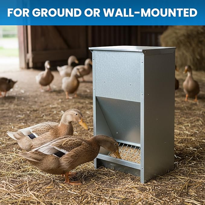 Plexon Steel Poultry Feeder 25lb Capacity – Galvanized Metal Chicken Feeder Turkey Duck Feed Dispenser Wall Mountable Outdoor - Grid to Reduce Waste, No Assembly