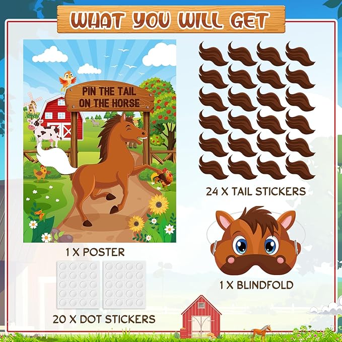 Faccito Farm Animal Games Pin The Tail on The Animals Barn Birthday Party Decorations Farm Poster Games with 24 Stickers Eye Mask for Family Activities Birthday Party Decor Supplies(Horse)