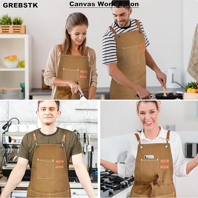 GREBSTK Work Apron Cross Back Adjustable Canvas Tool Apron for Woodworking, Gardening, Cooking