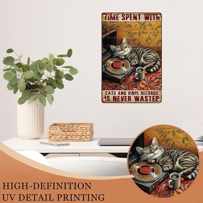 Vintage Vinyl Record Metal Sign Rustic Music Room Decor Cat Enthusiast Wall Art Quote 8X12Inch