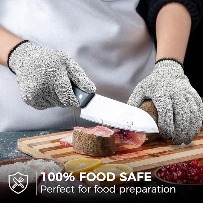 Evridwear Cutting Gloves Level 5 Cut Resistant, Food Safe Gloves with Non-Slip Grip for Kitchen, Meat Cutting & Mandoline Use, 2 Pairs (M, Gray+Gray)