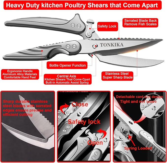 Heavy Duty Stainless Steel Kitchen Scissors that Come Apart, Poultry Shears Heavy Duty Professional, Spring-Loaded Kitchen Shears All Purpose for Food,Chicken, Fish,turkeys,10.2-Inch,Gray