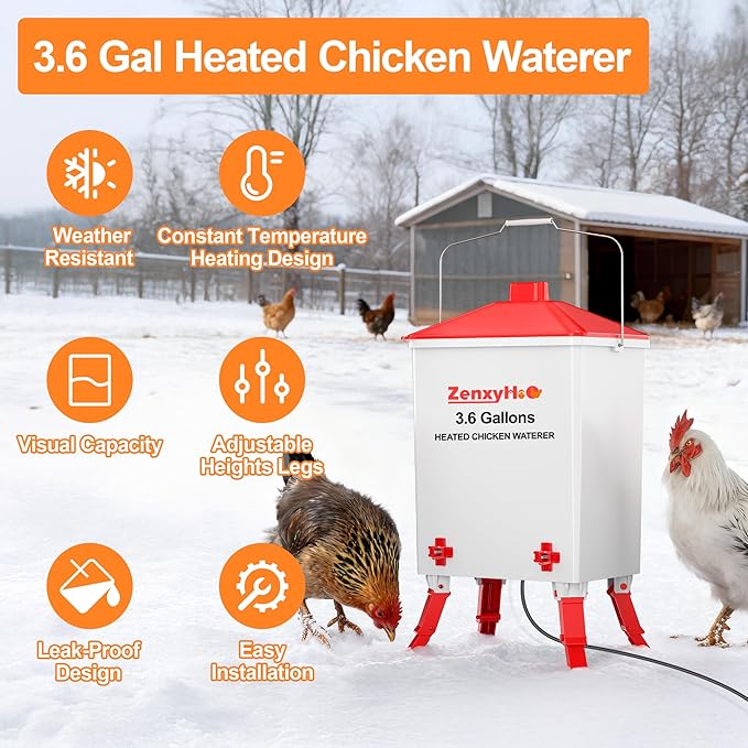 3.6 Gallons Heated Chicken Waterer Bucket for Winter, Chicken Water Heater with 4 Nipples and 10ft Power Cord