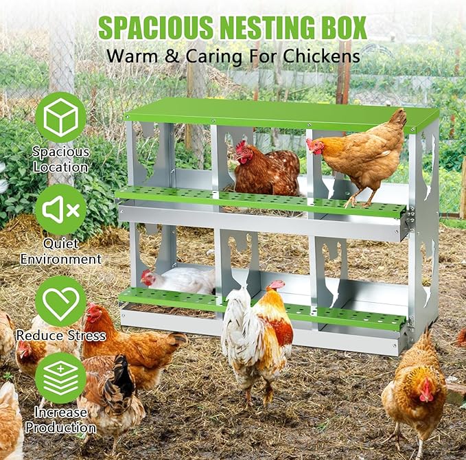 Chicken Nesting Box for Laying Eggs,6 Hole Roll Away Nesting Boxes,Chicken Laying Boxes with Large Vented Holes,Wall-Mountable Chicken Coop Nesting Boxes,Metal Laying Boxes for Hens,Ducks(Green)