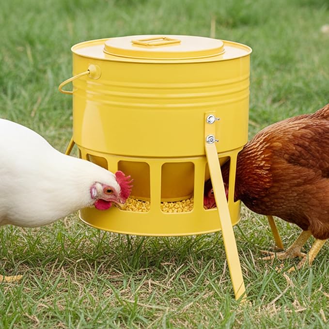 KOL Metal Chicken Feeder - 20lbs No Waste Chicken Feeder with 12 Ports, Powder Coated Rust-Proof Design & Smooth Edges for Safe Feeding (Yellow)