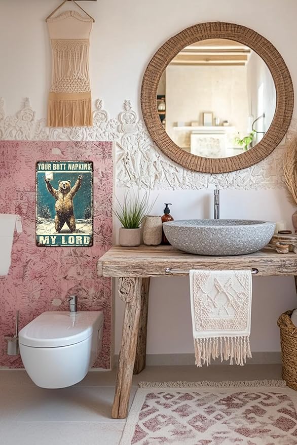 Fun Vintage Brown Bear And Toilet Paper Metal Sign Bear Your Butt Napkins My Lord Novelty Metal Poster Home Kitchen Bathroom Aluminium Sign Art Wall Decor 12x8 Inch