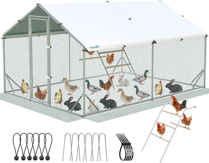 Quictent Large Metal Chicken Coop Run for 20+ Poultry with Climbing Perch, Side Hardware Cloth & Cover, Advanced Series Outdoor Walk-in Cage Hen Duck Rabbit Dog Pen Yard Farm House, 12x9x6.6FT