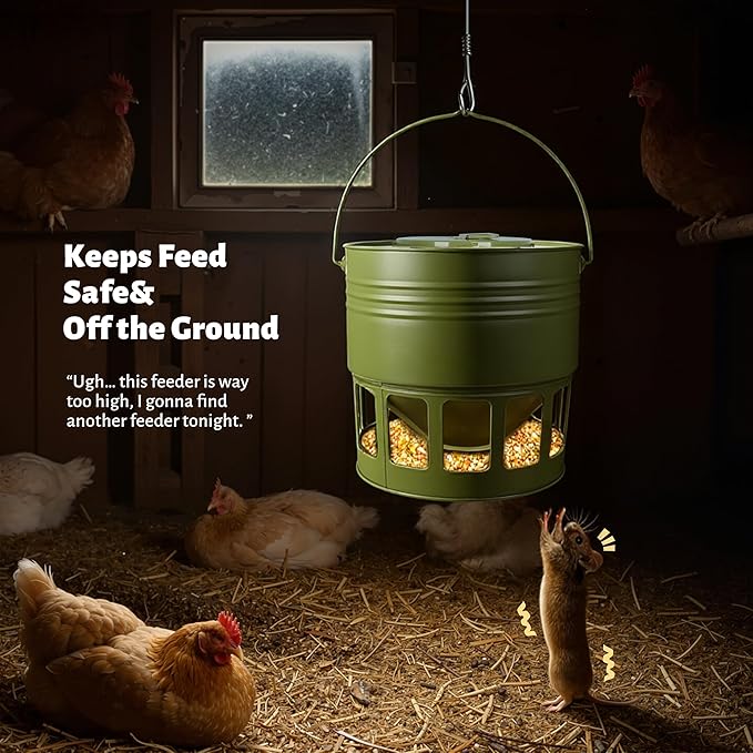 KOL Hanging Chicken Feeder 20lbs Metal Chicken Feeder No Waste, Adjustable Poultry Feeder with 12 Ports, No Installation & Universal Height Design (Green)