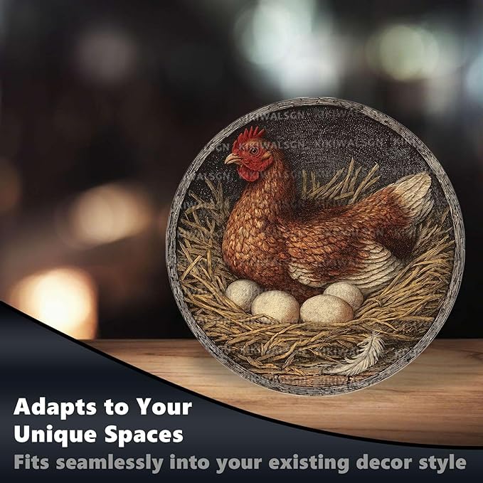 Vintage Chicken Hen Rooster Round Metal Sign Retro Chicken Lovers Tin Sign Nostalgic Rustic Wall Decor Kitchen Yard Fence Door Outside Farmhouse Coop Poultry House 8 * 8 In