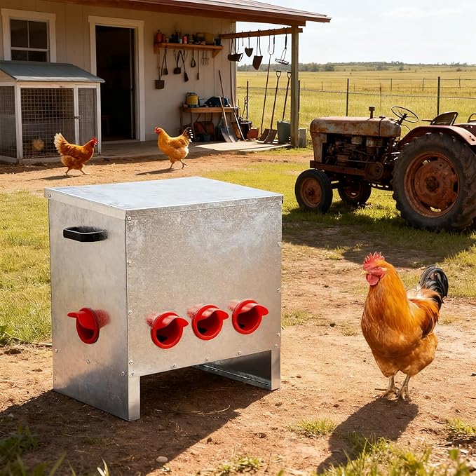 Automatic Chicken Feeder No-Waste, Metal Poultry Feeder Large Capacity for Chickens, Geese, Ducks, Turkeys, Quails (5 Ports)