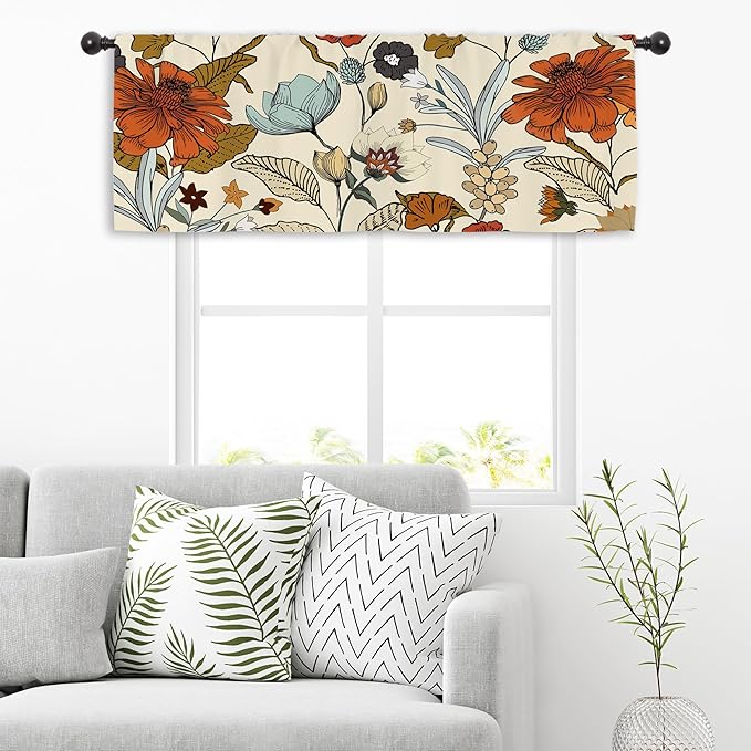 Miyotaa Vintage Flower Kitchen Curtain Valance 54W x 18H Rod Pocket Retro Burnt Orange Blossom Botanical Autumn Fall Window Treatment for Living Room Bedroom Bathroom