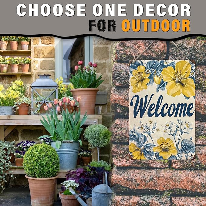 Flowers Vintage Tin Sig Welcome Metal Tin Sign Retro Sign for Home Bar Office Outdoor Wall Decor 8x12inch
