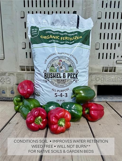 Bushel & Peck Organic Compost Fertilizer 5-4-3 - Pelleted Poultry Manure | OMRI Listed | Natural Soil Amendment for Gardens, Flowers, Vegetables & Lawns (50 Pounds (2 Bags))