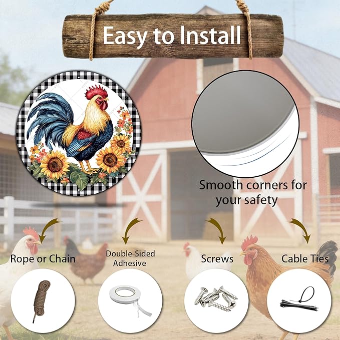 Round Metal Tin Sign Rustic Wall Decor Plaque Rooster Chicken Farm Animal Wreath Sign,Suitable for Home Garden Kitchen Bar Cafe Restaurant Garage Wall Decor Retro Vintage 8 Inch