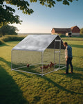 Heavy Duty Large Metal Chicken Coop for Hens –Walk-in Poultry Cage with Waterproof UV-Resistant Cover ＆ Reinforcing Ribs, Ventilated Peaked Roof Outdoor Hen House for Backyard, 9.8'Wx6.5'Lx6.5'H