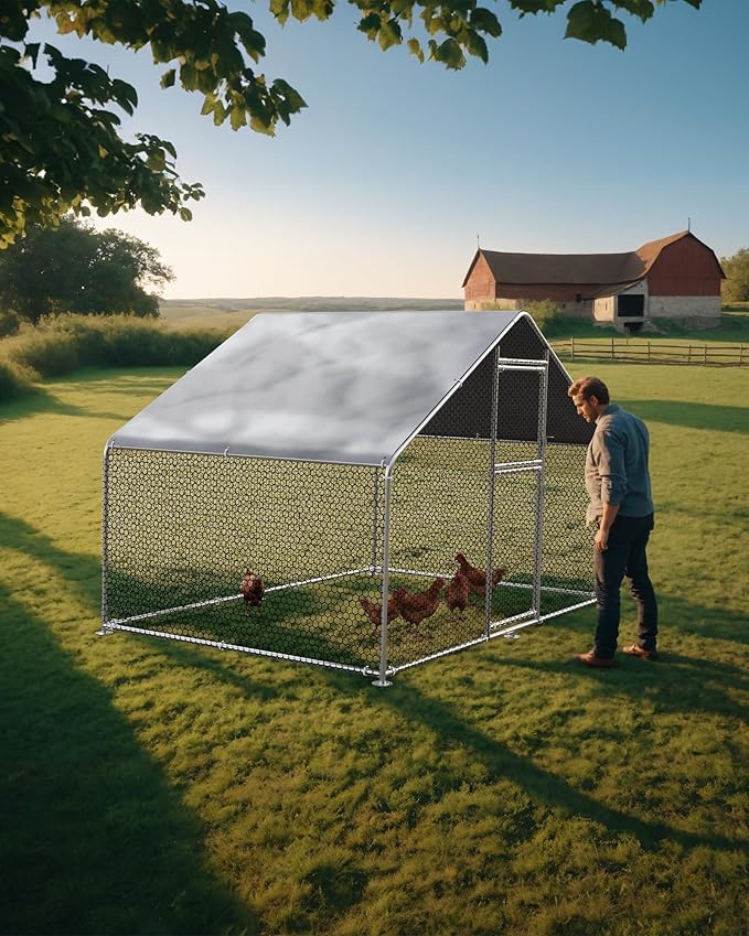Heavy Duty Large Metal Chicken Coop for Hens –Walk-in Poultry Cage with Waterproof UV-Resistant Cover ＆ Reinforcing Ribs, Ventilated Peaked Roof Outdoor Hen House for Backyard, 9.8'Wx6.5'Lx6.5'H