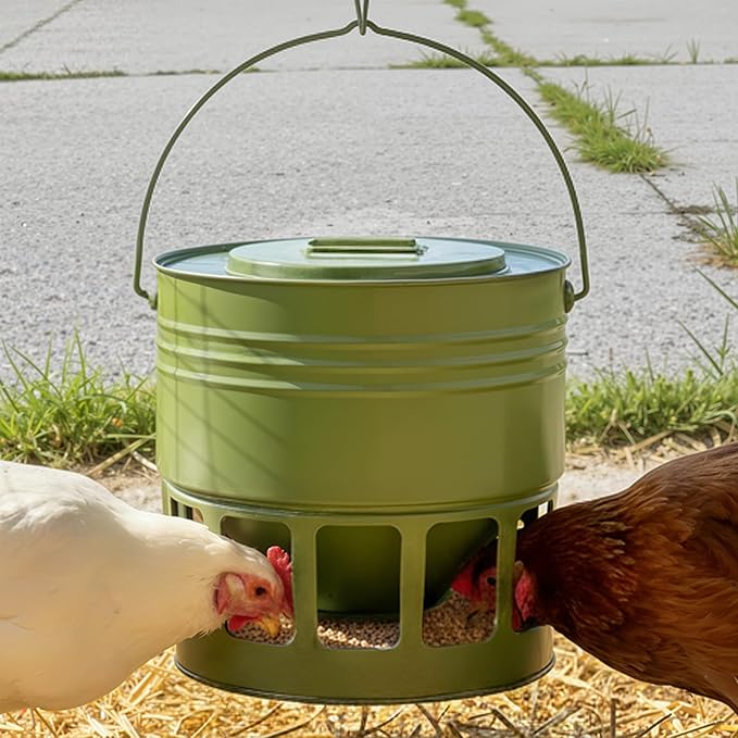 KOL Hanging Chicken Feeder 20lbs Metal Chicken Feeder No Waste, Adjustable Poultry Feeder with 12 Ports, No Installation & Universal Height Design (Green)