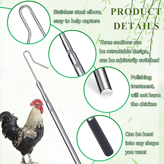 Fabbay Chicken Catcher Leg Hook Stainless Steel Retractable Long 24 to 59 Inch Chicken Grabber Leg Hook Coop Accessories Tool Pole for Poultry Turkey Geese Duck Fowl Bird Sheep Goat Farm Animal